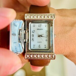 Vintage Gruen Brown and Silver Hideaway Quartz Watch